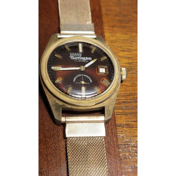 Barrington Accessories - Barrington Mens Manual Wind Up 17j Vintage Watch Gold Tone Woven Mesh Band